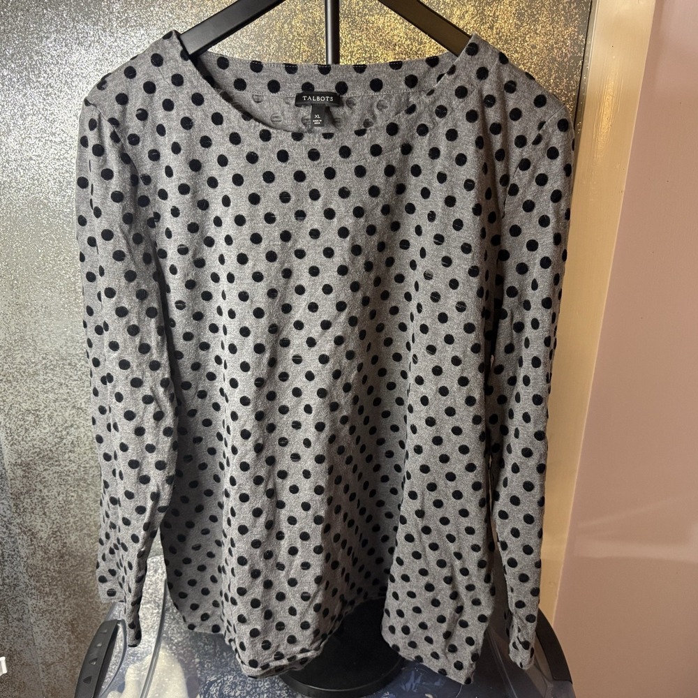 Talbots Women's Size XL Knit Long Sleeve Gray With Black Dots Round Neck Blouse - Picture 5 of 8